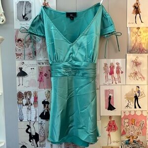 Coquette Babydoll Bow Light Teal Satin V-Neck Top